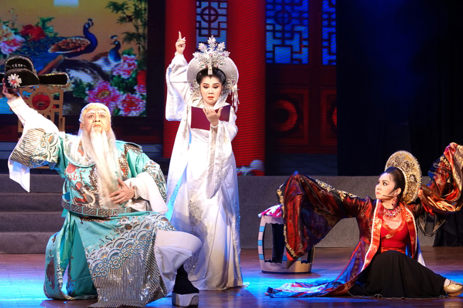 Authentic expressions and vibrant costumes are the soul of every cai luong performance, bringing emotional and vivid stories to life for the audience (source: Ap Bac news)